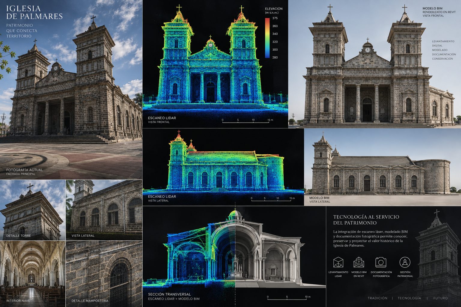 Lámina del escaneo de la Iglesia de Palmares: fotografías de la fachada, el escaneo LiDAR coloreado por elevación y el modelo BIM