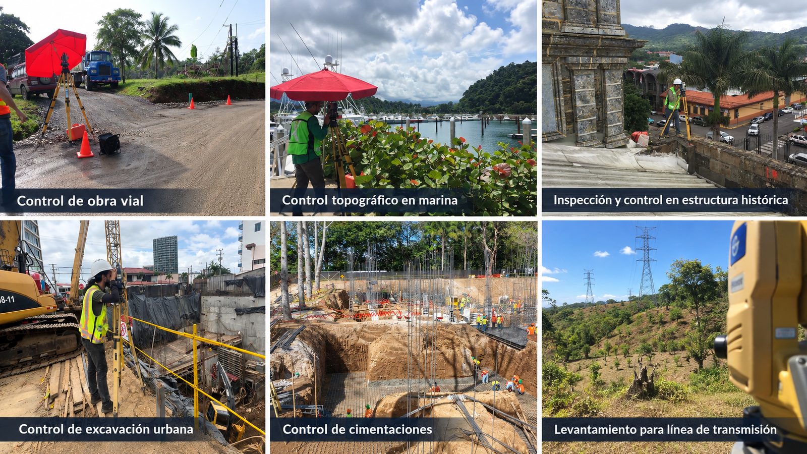 Seis fotografías rotuladas de control topográfico en obra civil: obra vial, marina, estructura histórica, excavación urbana, cimentaciones y línea de transmisión