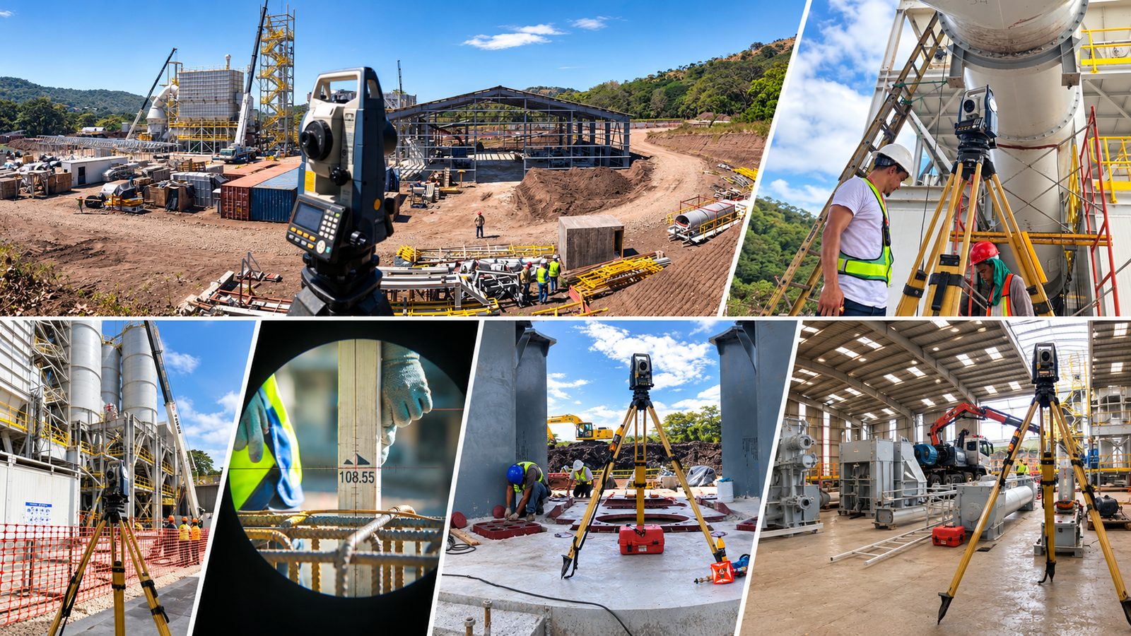 Fotografías de control topográfico en una planta industrial: estación total en el sitio, nivelación de pernos de anclaje y montaje de estructuras metálicas