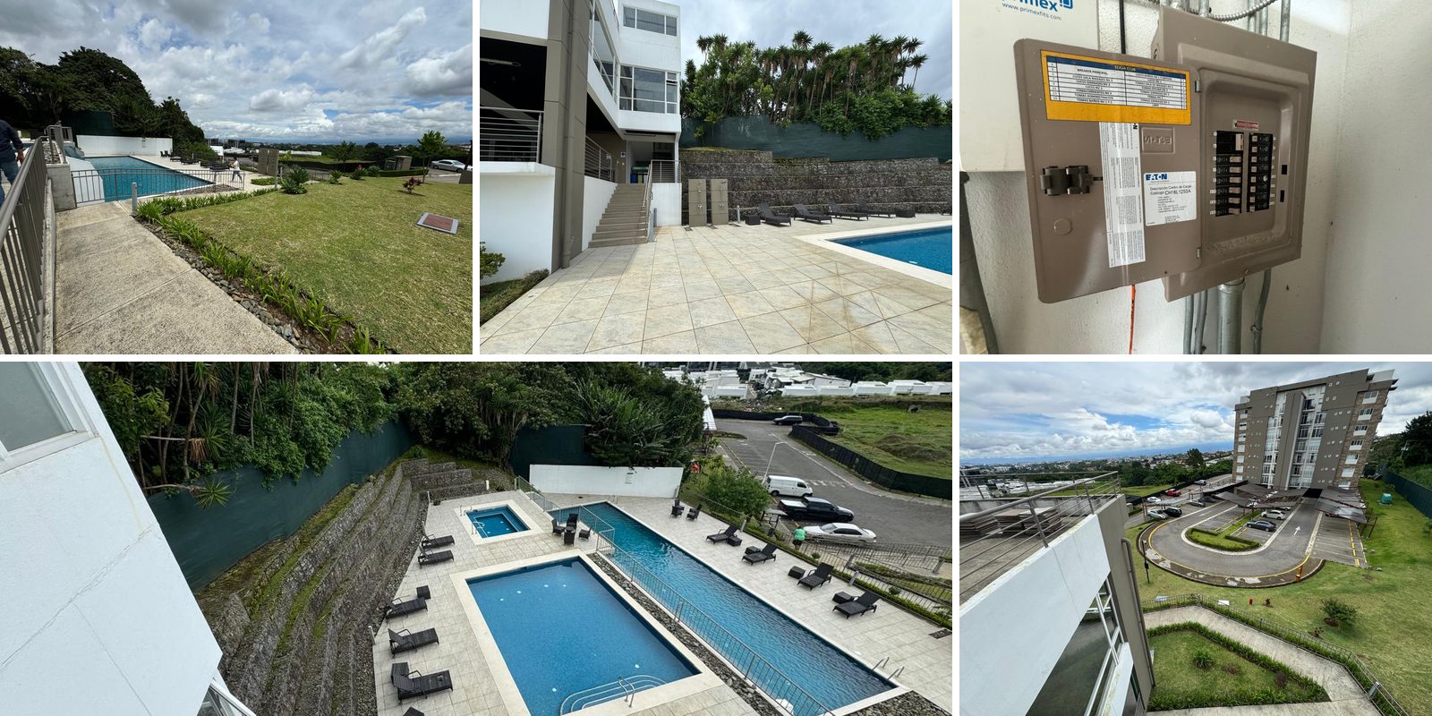 Cinco fotos de las áreas comunes de un condominio: piscina, terrazas, parqueo y tablero eléctrico