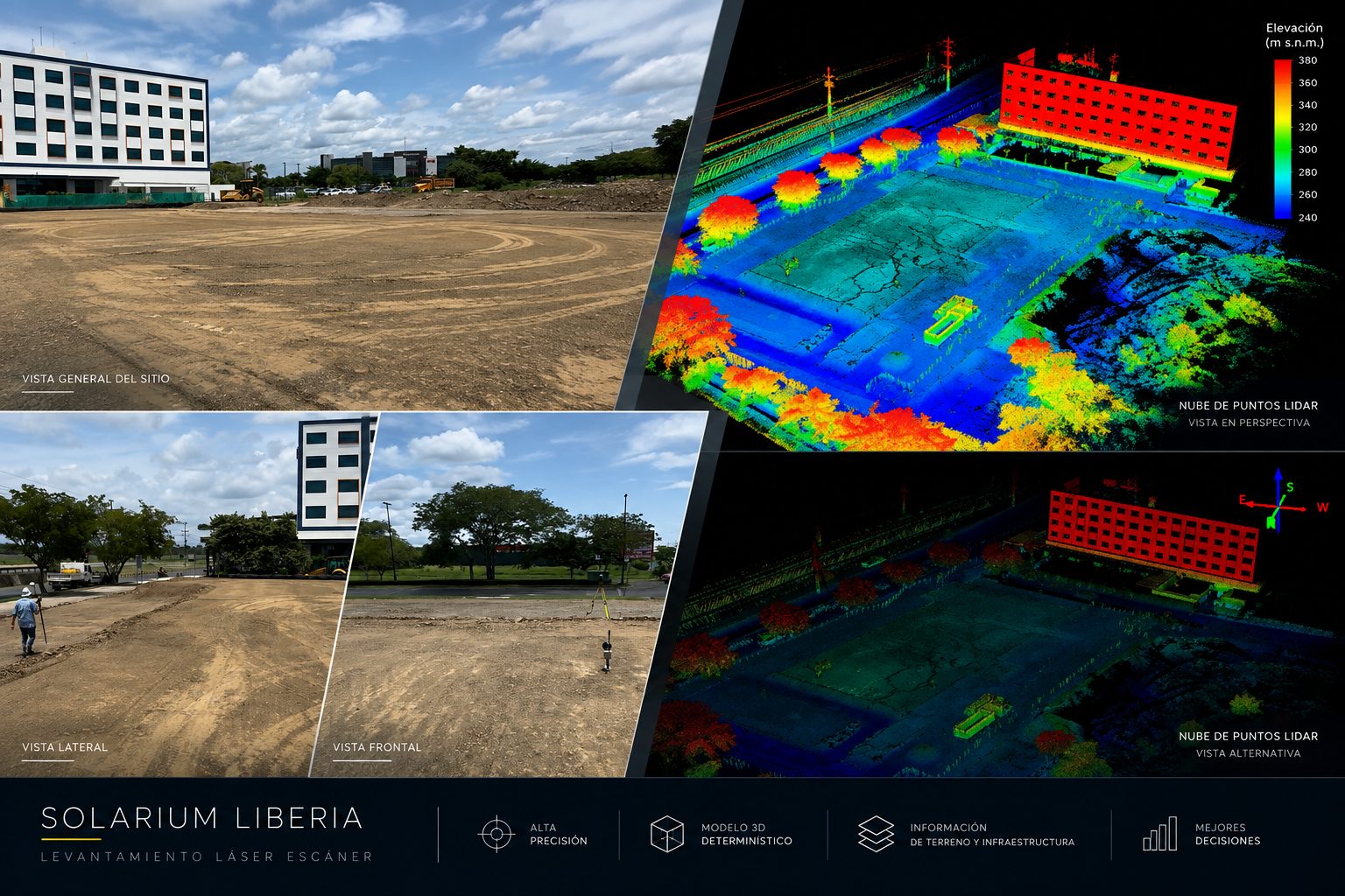 Lámina con fotos del sitio y la nube de puntos de un levantamiento con escáner láser